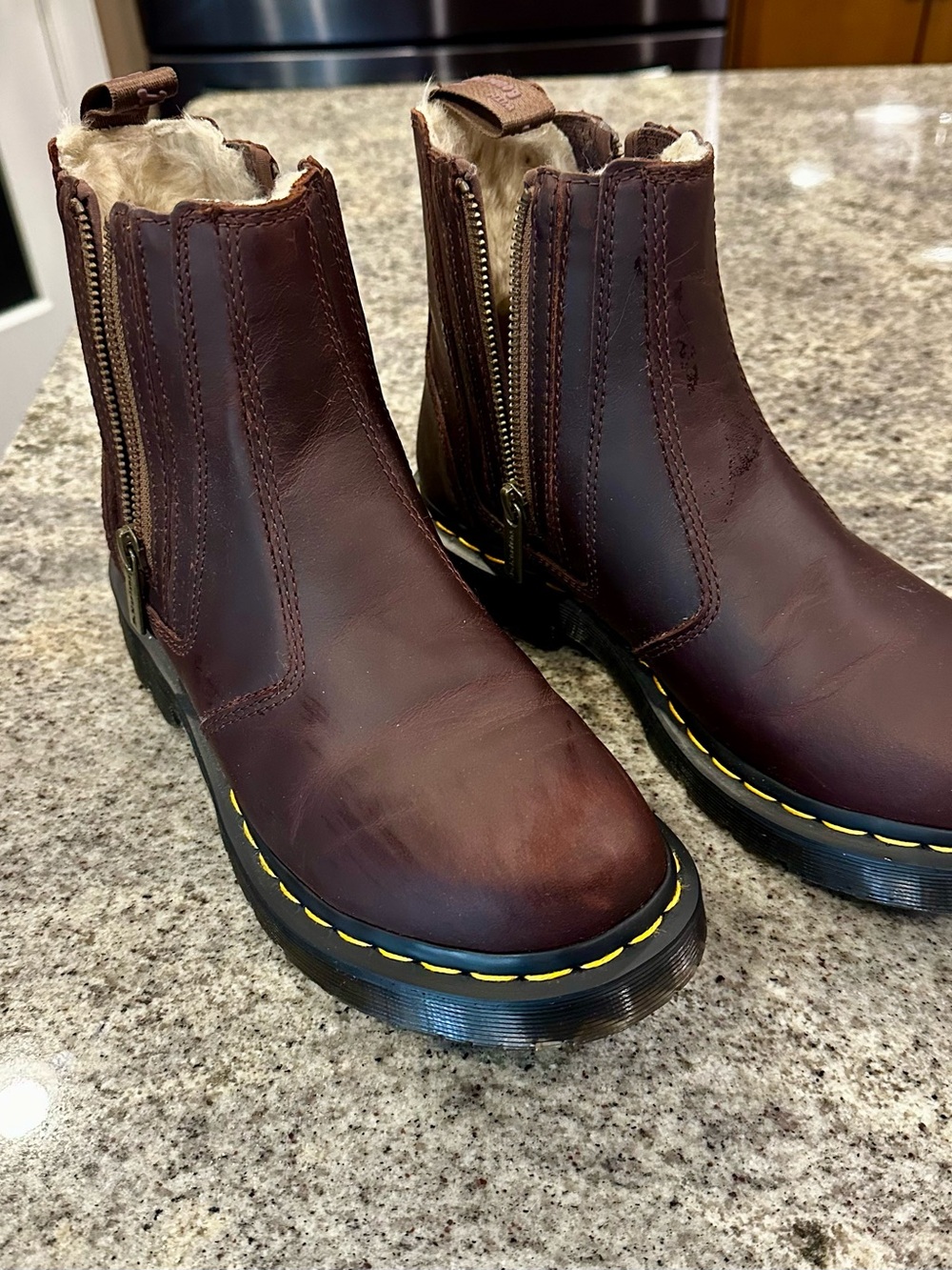 Brown Leather Zip Chelsea Boots with Shearling Lining